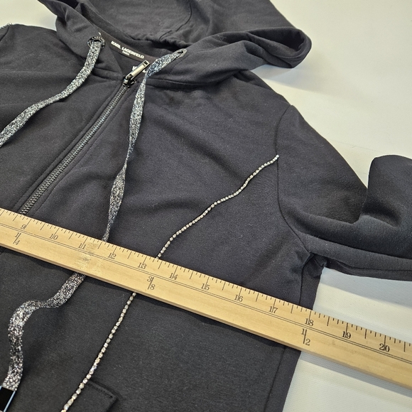 Karl Lagerfeld Black Hoodie Full Zip Spellout Tape With Sparkles Womens Small - Picture 6 of 8